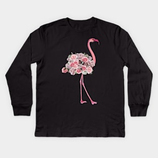 Pink Flamingo and pink flowers roses Kids Long Sleeve T-Shirt